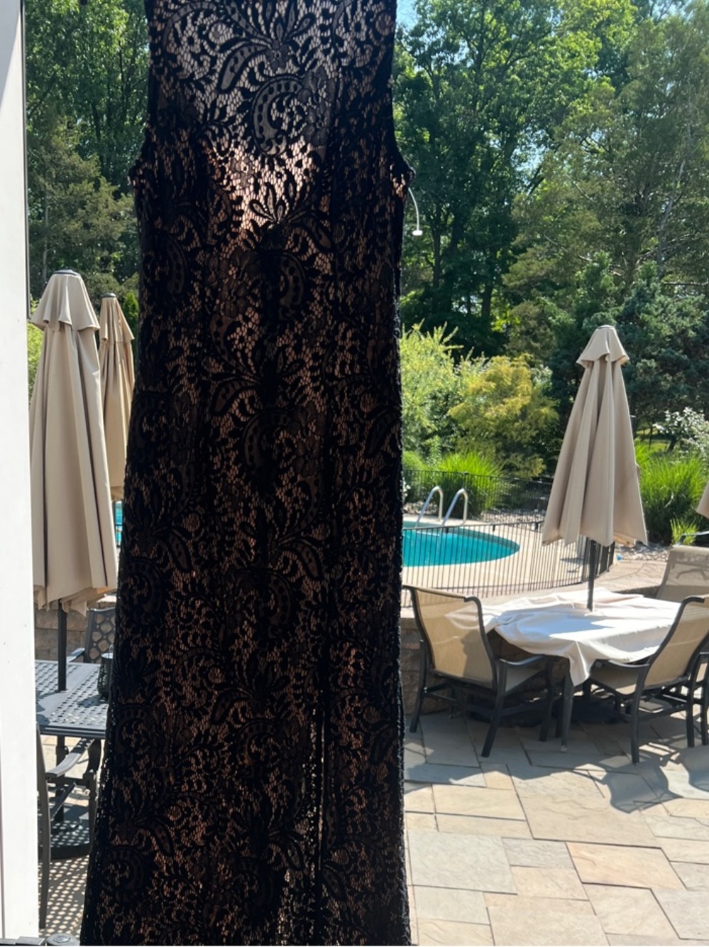 Elegant Black Lace Maxi Dress with Nude Underlay